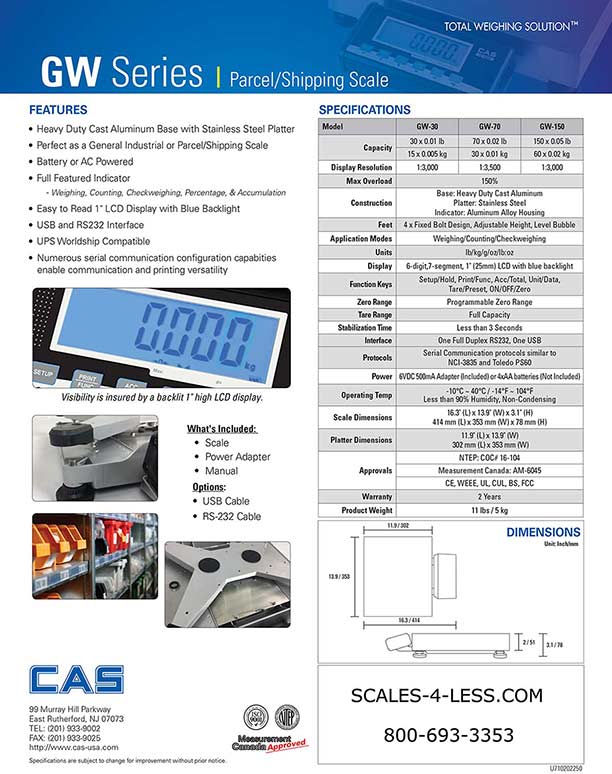 GW -150 Series Parcel/Shipping Scale 150lb Capacity